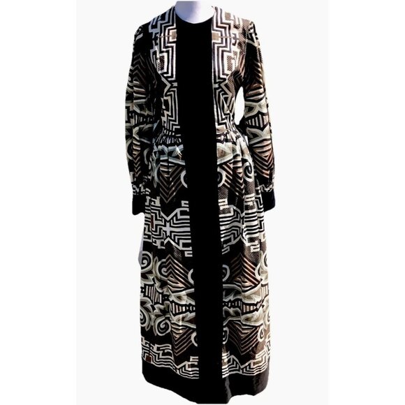Vtg 60s CALIFORNIA CALLIOPE Maxi Dress Black Velvet Brown Geo Boho Mod Goth M L - Picture 1 of 16